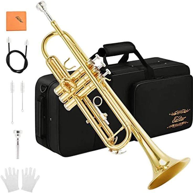 Eastar ETR-380 Bb Standard-Trompeten-Set, Messing mit Hartschalenkoffer, Reinigungsset, 7C-Mundstück und weißen Handschuhen, golden – Bild 1