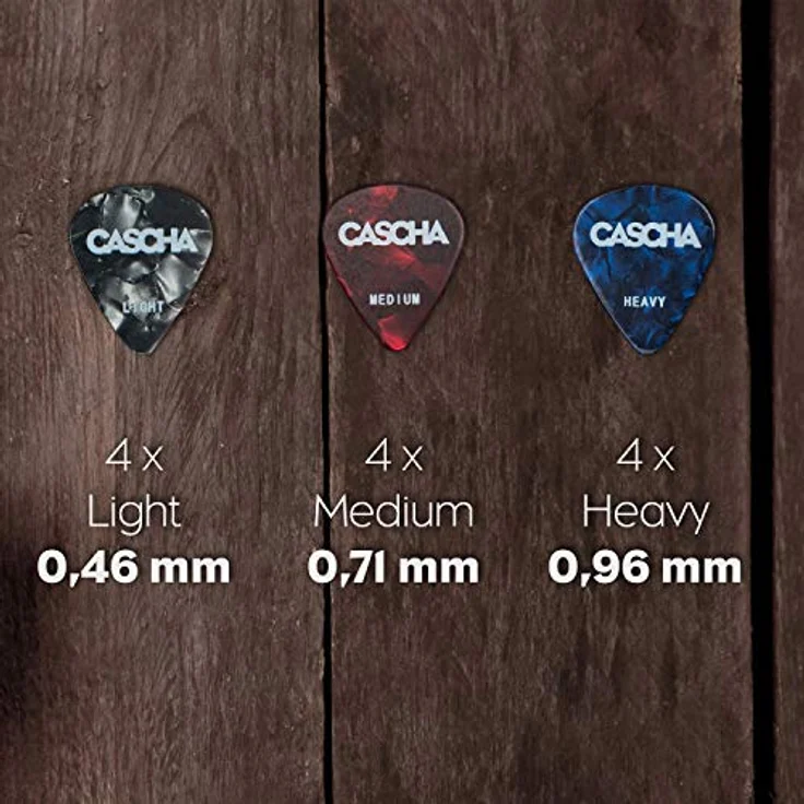 CASCHA HH 2002 Guitar Picks 12er Set, hochwertiges Plektrum aus abriebfestem Celluloid, 3 Stärken (Light 0,46 mm, Medium 0,71 mm, Heavy 0,96 mm) für Akustik-Gitarre, E-Gitarre, Ukulele und Bass – Bild 3