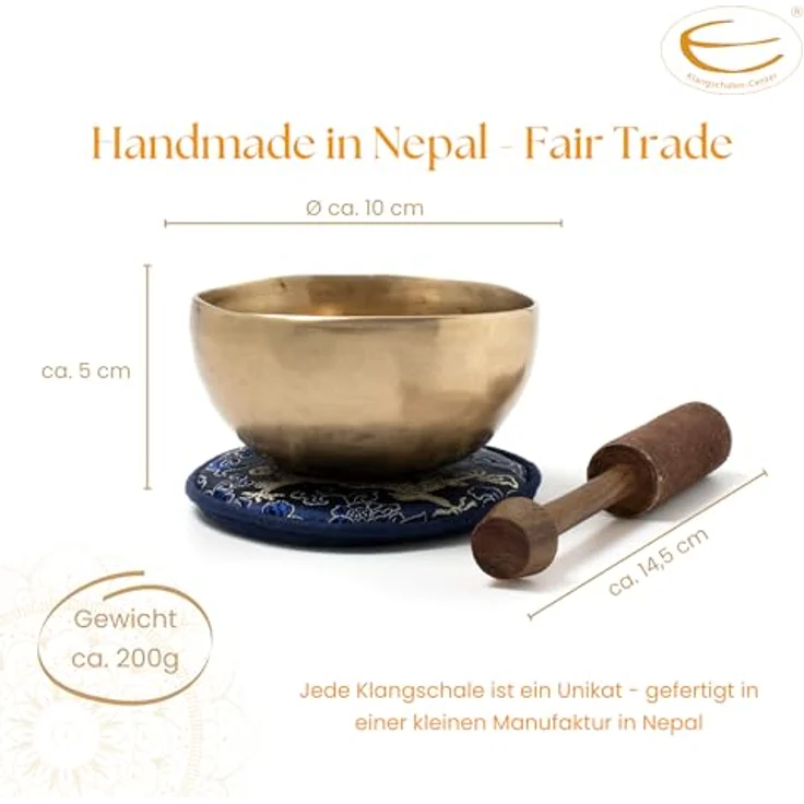 Klangschalen-Center Tibetische Klangschale I 200 g I für Meditation und Yoga I Handgeschmiedet mit blauem Pad und Klöppel I Fair Trade aus Nepal – Bild 5