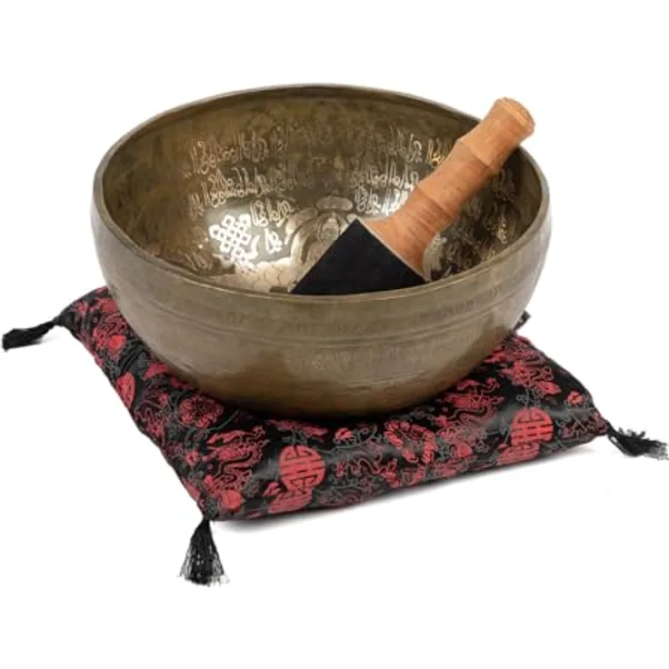 Bodhi Tibetische Klangschale Ø 32 cm, Singing Bowl aus Bronze mit 5 Buddhas Gravur, inkl. Kissen & Klöppel, goldene Farbe, handgefertigt für Meditation und Entspannung