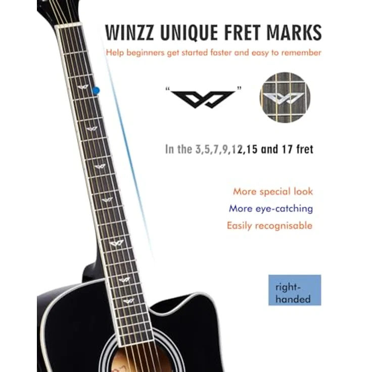 Winzz Elektro-Akustikgitarre Western 4/4, schwarz-glänzend, inkl. 11 Zubehörteilen für Anfänger und Kinder, rechtshändig – Bild 4