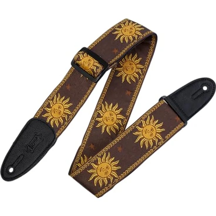 Levys Woven Jacquard Strap 2", Gitarrengurt aus Polypropylen mit Leder-Endstück, braun mit Sun-Motiv, verstellbar von 102 cm bis 145 cm