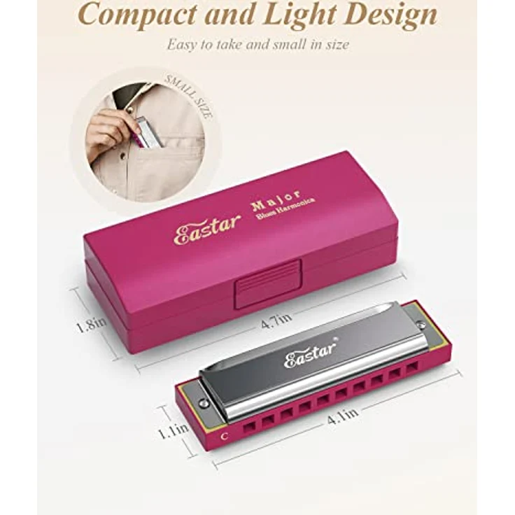 Eastar Major Blues Diatonic Harmonica, 10 Löcher C-Dur Anfänger Mundharmonika für Kinder und Erwachsene, pink mit Hartschalenetui und Reinigungstuch – Bild 4