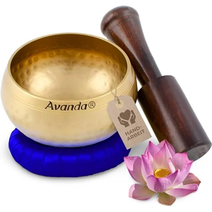 Avanda Tibetisches Klangschale-Set, gehämmerte Klangschale Ø 8 cm mit Mangoholz-Schlägel und blauem Ring-Kissen für Yoga, Meditation und Entspannung