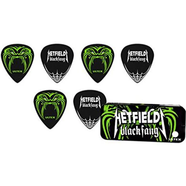 Jim Dunlop Plektrum Ultex Hetfield's Black Fang, Gitarrenplektrum 0,73mm in schwarzer Metallbox, 6er Pack – Bild 1