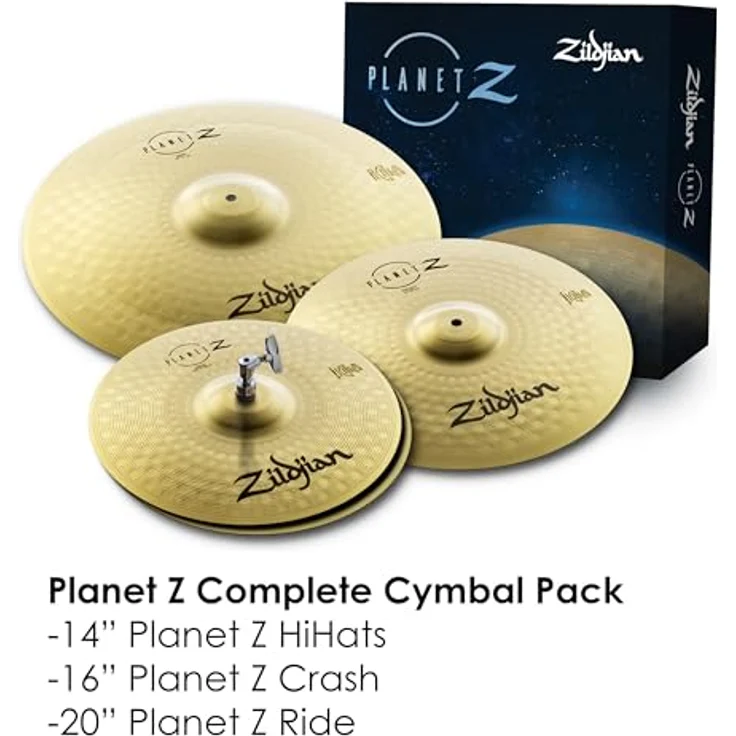 Zildjian ZB4PK Planet Z Series, 4-teiliges Schlagzeugbecken Set mit 14" Hi-Hats, 16" Crash und 20" Ride, traditionelles helles Finish – Bild 2