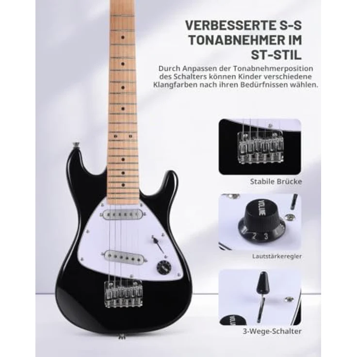 Winzz 30-Zoll E-Gitarren-Einsteiger-Set für Kinder, Junior-E-Gitarre in 1/4-Größe, komplettes Starter-Set mit Verstärker, glänzende schwarze Farbe, inkl. Zubehör und tragbarem Design – Bild 2