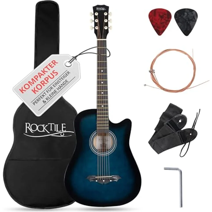 Rocktile WSD-5C-BUB Slim Line Westerngitarre, Dreadnought Akustikgitarre mit Linde-Korpus und Catalpa-Hals, inkl. Tasche, Ersatzsaiten, Gurt und Plektren, Blueburst – Bild 1
