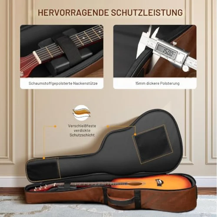 CAHAYA Gitarrentasche Akustikgitarre Gig Bag, braun, wasserdichtes PU-Leder mit 15mm dicker Polsterung, für 40-42 Zoll Gitarre, atmungsaktives Tragesystem mit doppeltem Reißverschluss – Bild 5