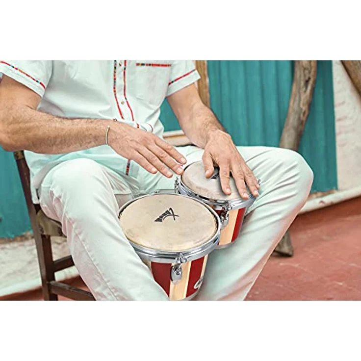 XDrum Bongos Retro, 2 Trommeln ("Macho" und "Hembra"), 16,5 cm und 19 cm, rot mit verstellbaren Stimmböckchen – Bild 2