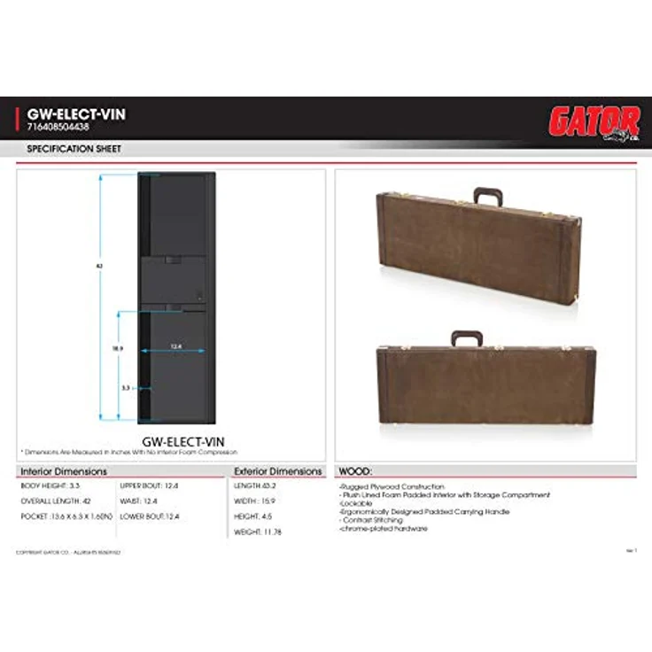 Gator Deluxe Case E-Guitar Vintage, Gitarrenkoffer aus Sperrholz, Distressed leather-like finish in Vintage Braun, Maße 109,7cm x 40,4cm x 11,4cm, Gewicht 5,4 kg – Bild 14