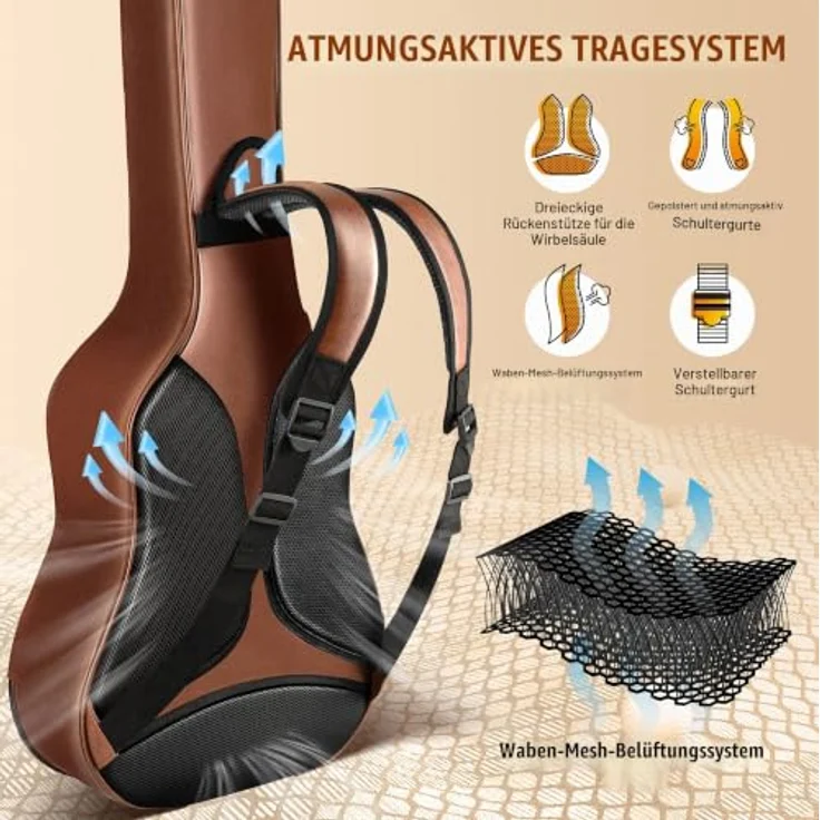 CAHAYA Gitarrentasche Akustikgitarre Gig Bag, braun, wasserdichtes PU-Leder mit 15mm dicker Polsterung, für 40-42 Zoll Gitarre, atmungsaktives Tragesystem mit doppeltem Reißverschluss – Bild 3