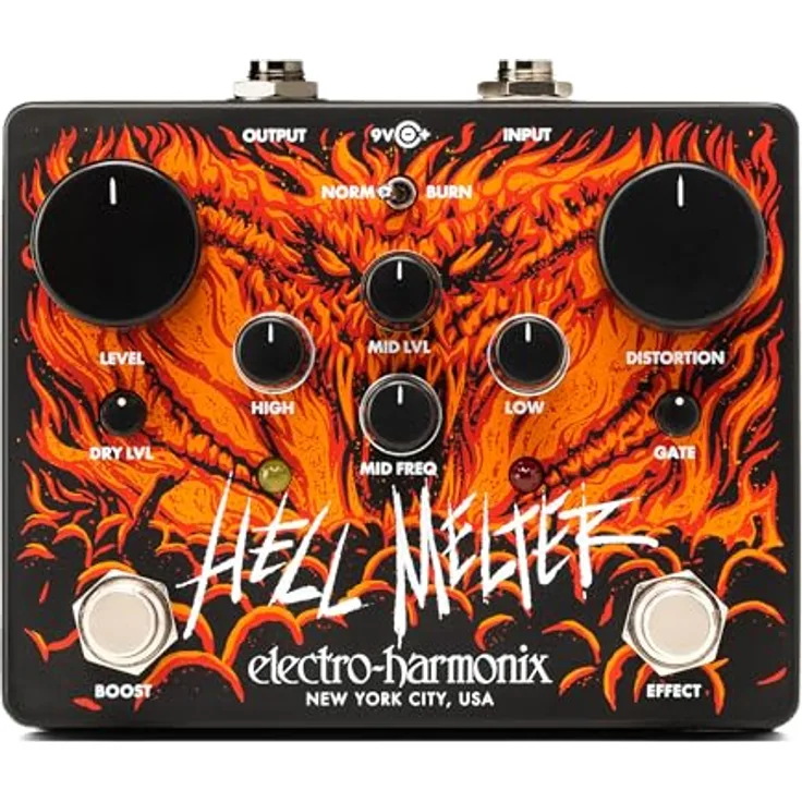 Electro Harmonix Hell Melter Distortion, Overdrive-Pedal für E-Gitarre mit umfassenden Regelmöglichkeiten und Boost-Funktion, made in USA