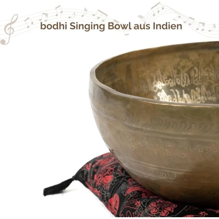 Bodhi Tibetische Klangschale Ø 32 cm, Singing Bowl aus Bronze mit 5 Buddhas Gravur, inkl. Kissen & Klöppel, goldene Farbe, handgefertigt für Meditation und Entspannung – Bild 2