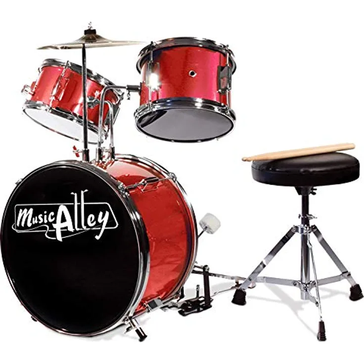 Music Alley DBJK02-BK, 3-teiliges Kinder-Drumkit aus Holz und Metall, Schwarz mit 14-Zoll-Bassdrum und gepolstertem Trommelthron