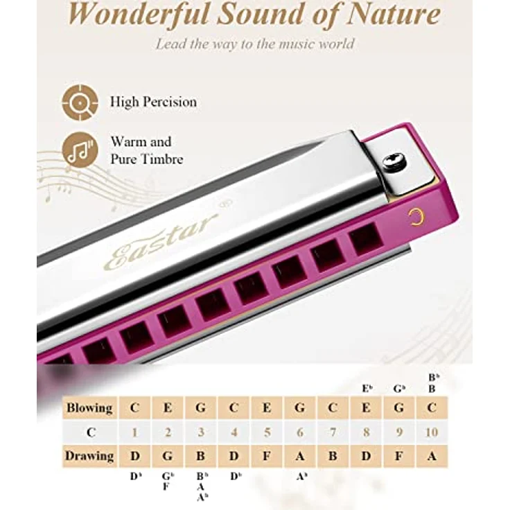 Eastar Major Blues Diatonic Harmonica, 10 Löcher C-Dur Anfänger Mundharmonika für Kinder und Erwachsene, pink mit Hartschalenetui und Reinigungstuch – Bild 2