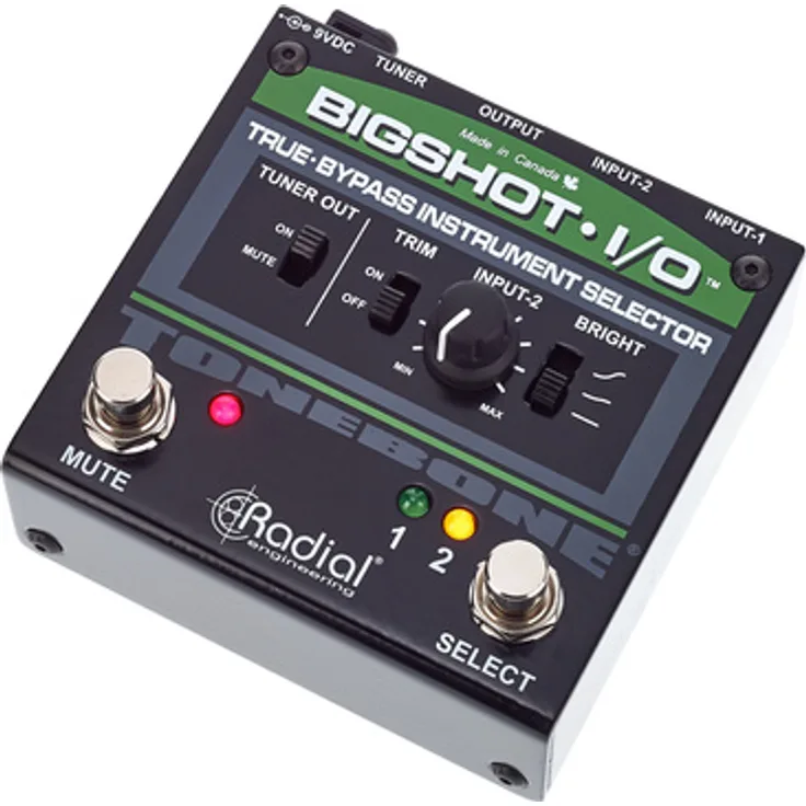 Radial Engineering Bigshot I/O, passiver Instrumenten Umschalter mit True Bypass, 2 Eingängen, separatem Tuner Ausgang und TRIM Schalter, Metallgehäuse