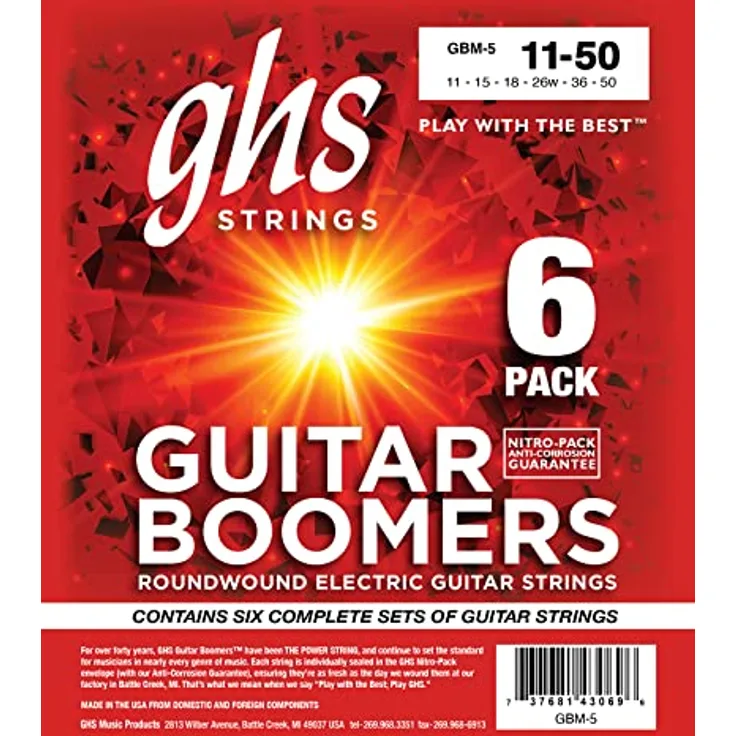 GHS Guitar Boomers GBM, E-Gitarren-Saiten-Set, Medium Gauge .011-.050, 6-Pack, vernickelter Stahl