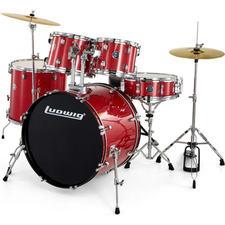 Ludwig Accent Drive 5pc Red, Schlagzeug-Set mit 5-lagigen Hartholzkesseln, 22" Bass Drum, incl. Beckenset und Hardware, Red Sparkle
