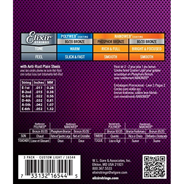 Elixir 16544 Nanoweb, Akustikgitarrensaiten Bronze 11–52, 3er Pack mit beschichteten Saiten für verlängerte Klangdauer – Bild 2