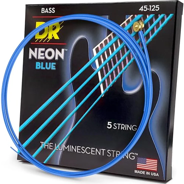 DR Strings Hi-Def Neon Blau NBB5-45, E-Bass Saiten Medium 45-125, mit K3-Beschichtung für längere Lebensdauer und klare Projektion – Bild 1