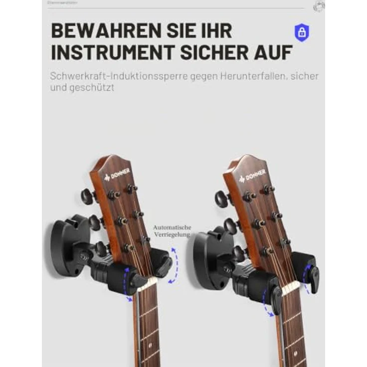 Donner Gitarrenwandhalterung, schwarzer Gitarrenhalter mit automatischem Verschluss, geeignet für Gitarre, Bass, Banjo, Mandoline, platzsparend und schützend – Bild 5
