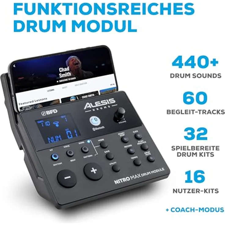 Alesis Nitro Max Kit, Elektronisches Schlagzeug mit Quiet Mesh Pads, 10" Dual Zone Snare, Bluetooth, 440+ Sounds, USB MIDI, Kick Pedal – Bild 3