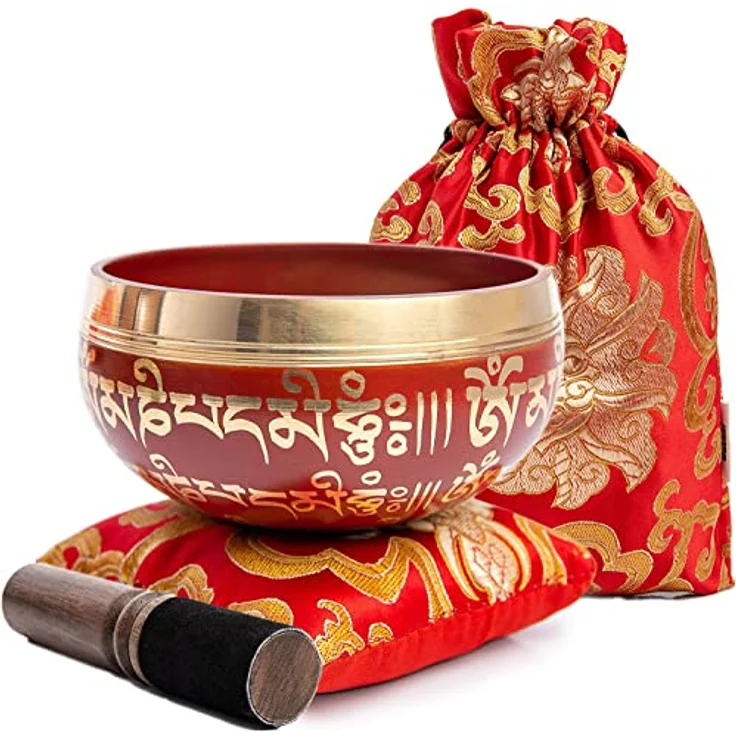 HIMALAYAN BAZAAR Tibetische Klangschalen-Set, handgefertigt für Meditation und Achtsamkeit, 3,5 Zoll, inklusive Seidenkissen und Schlägel, Karmesin – Bild 1