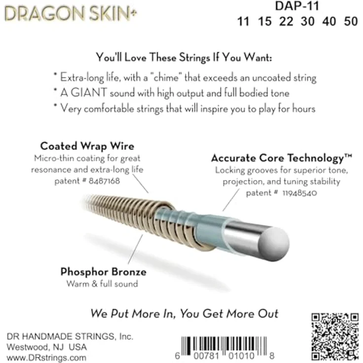 DR Strings Dragon Skin+ DAP-11 Coated, 6-saitiger Akustikgitarren-Saitensatz mit Coated Phosphorbronzedraht, Custom Light Gauges 11-50 – Bild 2