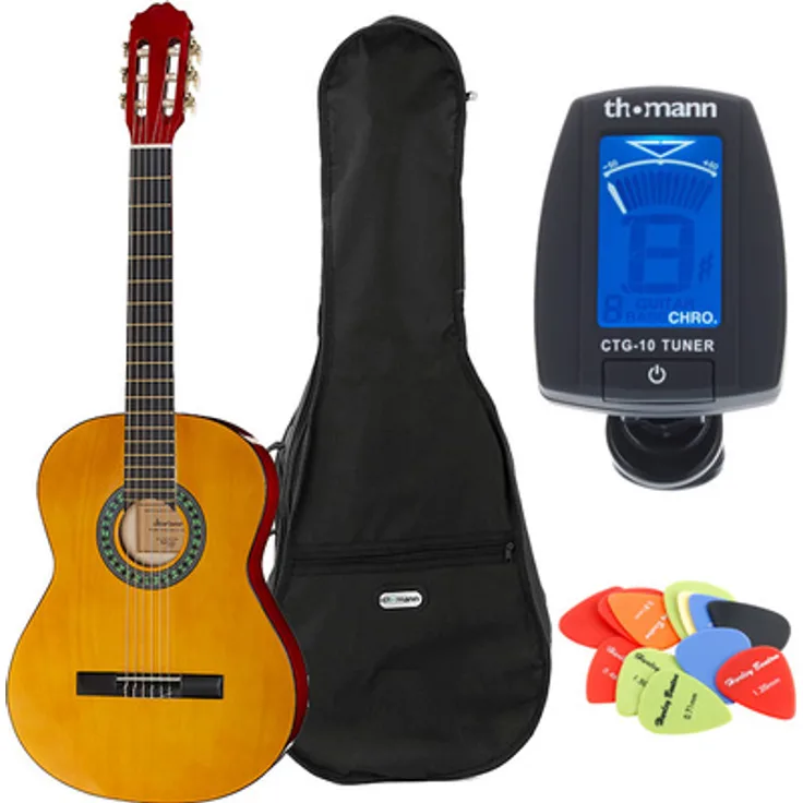 Startone CG 851 4/4 Set, Konzertgitarre aus Linde mit Ahorn Griffbrett, hellbraun, inkl. Tasche und Stimmgerät