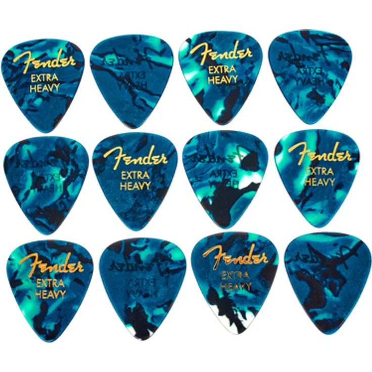 Fender Ocean Turq Pick Extra Heavy, Set mit 12 Picks in Ocean Turquoise, Zelluloid, klassische 351 Form