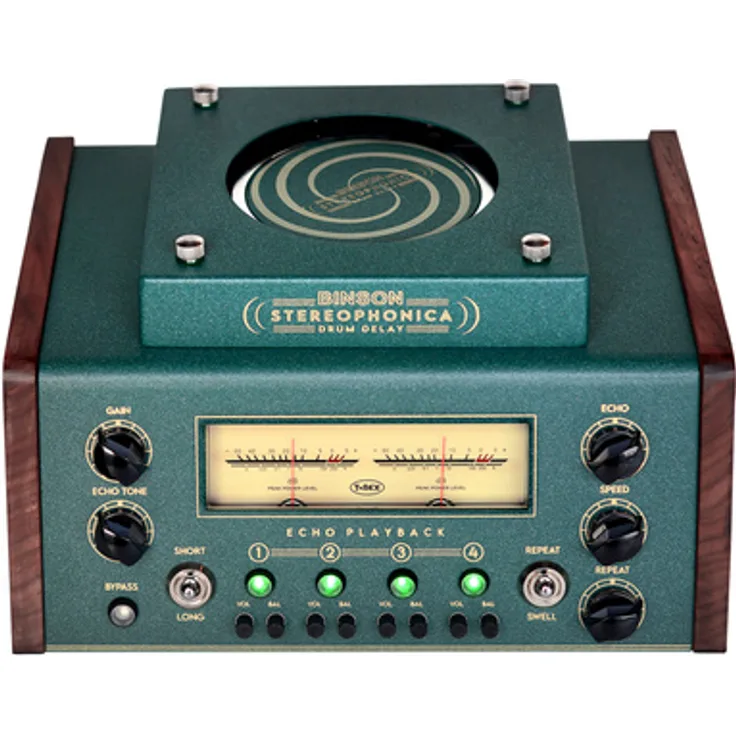 T-Rex Binson Stereophonica, Analoges Delay-Pedal mit 4 Stereo-Köpfen, 530 ms Verzögerung und MIDI-Steuerung, Walnussholz-Seitenteile