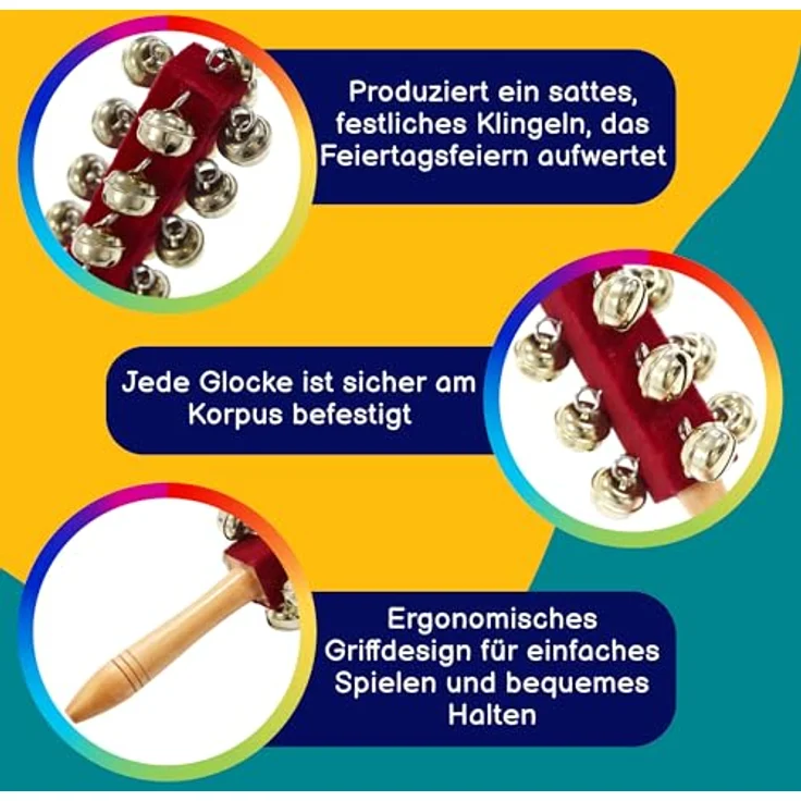 A-Star 21 Bell Jingle Shaking Sleigh Bell Stick, 26 cm mit Holzgriff, ergonomisches Design und lebendiger Klang – Bild 2