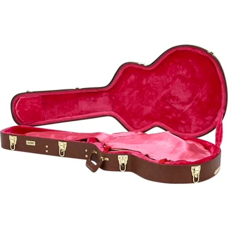 Gator GW-Semi-hollow Guitar Case, stabiler Gitarrenkoffer aus Sperrholz mit braunem Außenbezug und rotem Plüsch-Innenfutter, abschließbar, mit Zubehörfach, goldene Hardware – Bild 7