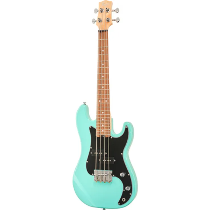 Flight Mini Bass Lite SFG, Mini E-Bass aus massiver Linde mit Ahorn-Hals und zwei Alnico 5 P-Style Pickups, Farbe Surf Green