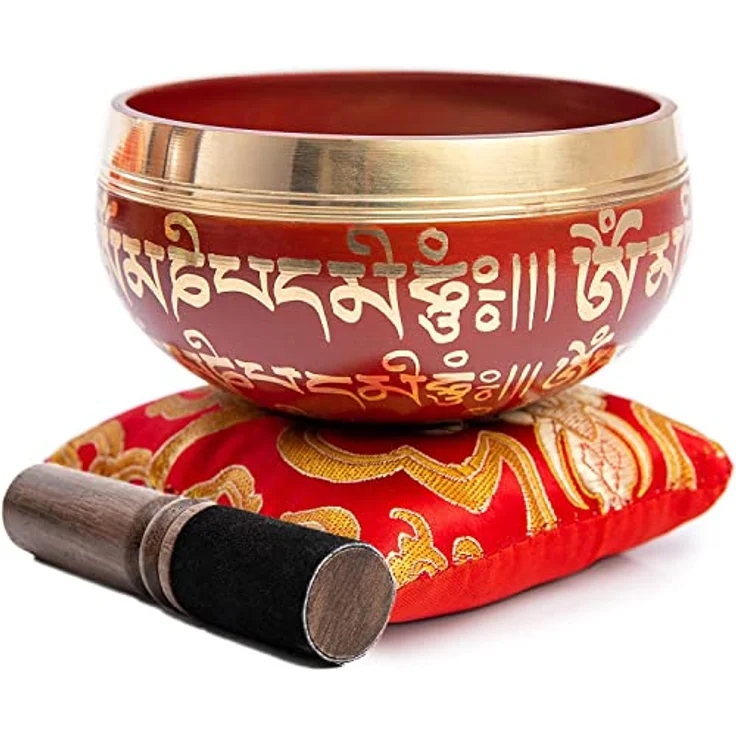 HIMALAYAN BAZAAR Tibetische Klangschalen-Set, handgefertigt für Meditation und Achtsamkeit, 3,5 Zoll, inklusive Seidenkissen und Schlägel, Karmesin – Bild 4