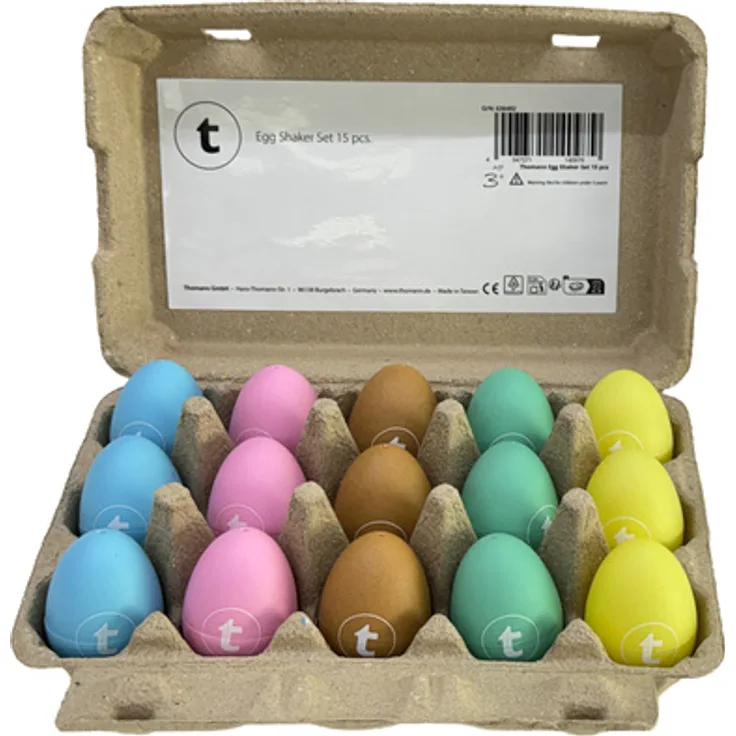 Thomann Egg Shaker Set 15 pcs, Kunststoff Percussion Instrument, bunt (Türkis, Braun, Blau, Gelb, Rosa), inkl. Aufbewahrungseierverpackung