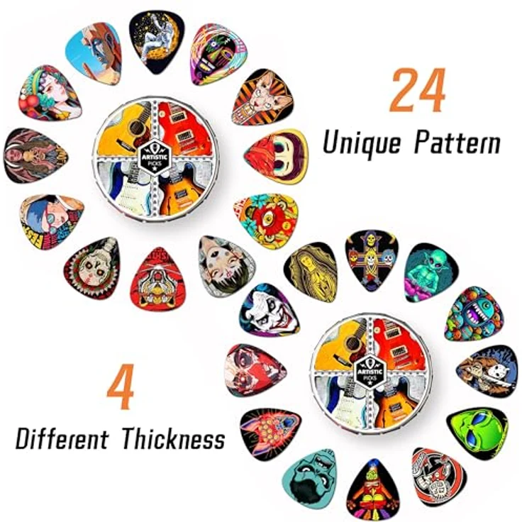 K KAREZOG Plektrum 24 Stück, Gitarren Picks 0.46/0.71/0.96/1.20mm, Zelluloid Plektren in Metallbox für Akustikgitarre, E-Gitarre, Bass, Ukulele – Bild 3