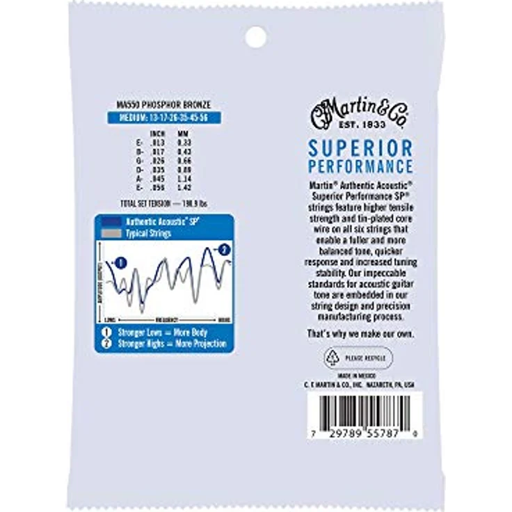 Martin MA550, Akustikgitarrensaiten Superior Performance Medium 13-56, 92/8 Phosphor Bronze mit ausgewogenem Klang – Bild 2