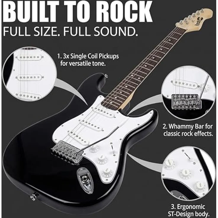 RockJam Full Size Electric Guitar Kit, E-Gitarre mit 10-Watt Verstärker, Lessons, Gurt, Gig Bag, Picks, Whammy, schwarze Farbe – Bild 3