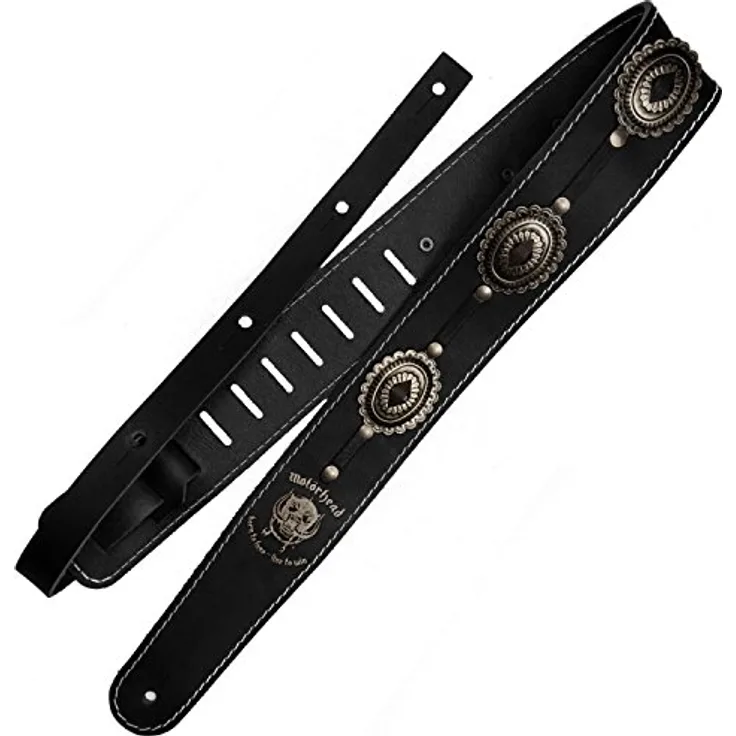 Richter 1565 Motörhead Strap, Gitarrengurt aus Premium Büffelleder, schwarz, verstellbar von 100-147 cm, mit Motörhead Logo und Concho "Old Silver"