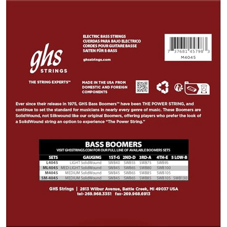 GHS Bass Boomers 3045 M, E-Bass Saiten Satz für 4-Saiter, Medium, .045"-105", vernickelter Stahl, Roundwound, hexagonaler Saitenkern, Made in U.S.A. – Bild 2