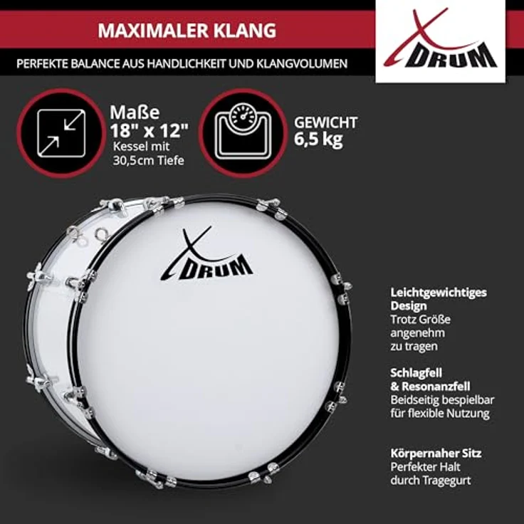 XDrum MBD-218 Marsch Bass Trommel, 18" x 12", weiß, mit verchromter Hardware, 4 Trageösen, inkl. Schlägel und Tragegurte – Bild 4