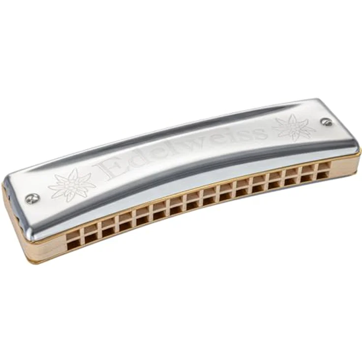 Hohner Edelweiss 32 C, Oktav-gestimmte Mundharmonika in C-Dur, 32 Stimmzungen, Ahorn-Holz und Edelstahldecke, inkl. Pappetui mit alpenländischen Motiven – Bild 1