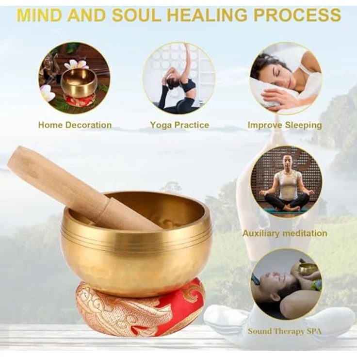 Gowkeey Tibetische Klangschalen Set, 8.5 cm handgefertigt mit Holzklöppel und Kissen, ideal für Meditation und Yoga – Bild 4