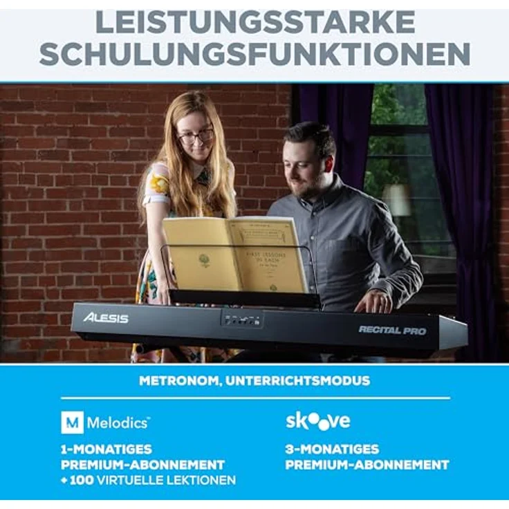Alesis Recital Pro, E Piano 88 Tasten mit gewichteten Tasten, Lautsprechern, Kopfhörerausgang, 12 Stimmen, Klavier Lektionen Abo – Bild 5
