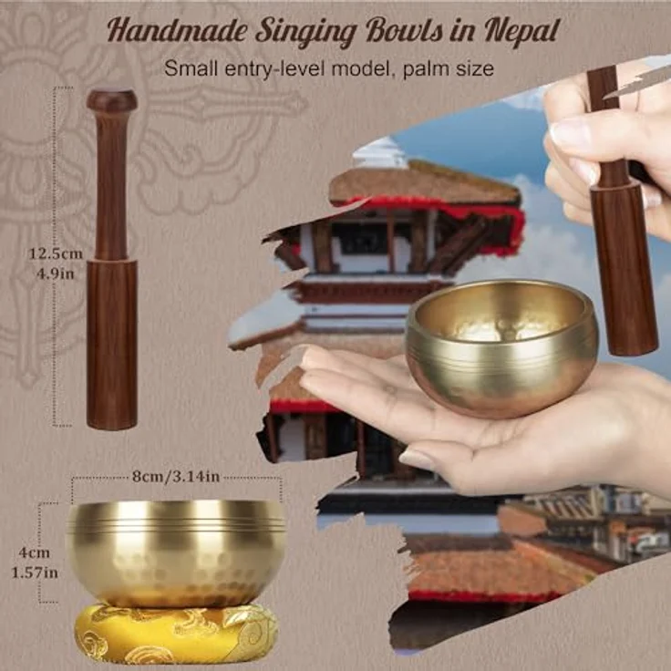 DiDiBirDi Tibetische Klangschale 8cm, handgehämmert in Nepal mit Schlägel und gelbem Ring-Kissen für Meditation, Yoga, Chakra – Bild 2