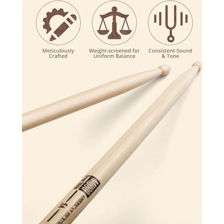 MUSO Premium Trommelstöcke, amerikanisches Hickory-Holz, rutschfester Gummigriff, verfügbar in 5A, 7A und 2B, ideal für Schlagzeuger aller Niveaus – Bild 2
