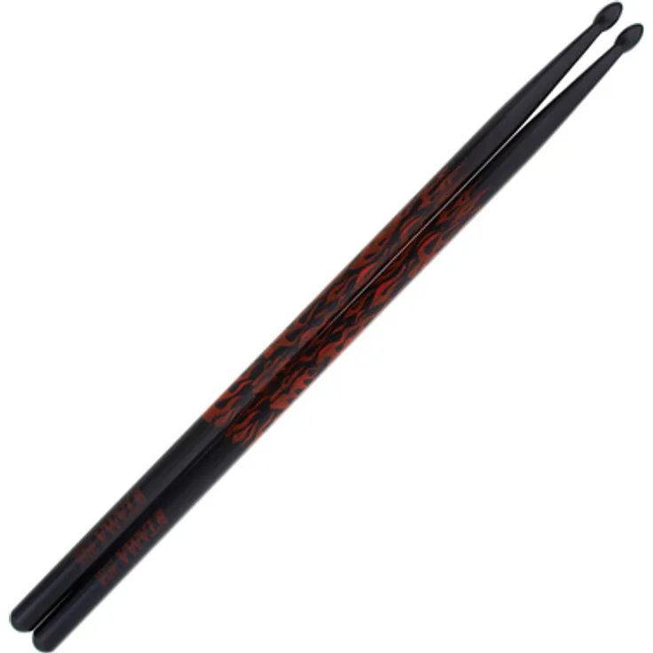 Tama 5A-F-BR Rhythmic Fire Schlagzeugstöcke, schwarzer Holzstock mit rotem Flammenaufdruck, Japanisches Eichenholz, 406mm Länge, 14mm Durchmesser