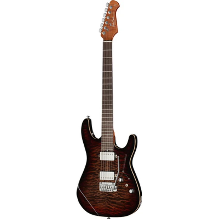 Harley Benton Fusion-IV HH RW Quilt Dusk Glow Gloss, E-Gitarre mit Nyatoh Korpus, geflammtem Ahornhals und 24 Edelstahlbünden